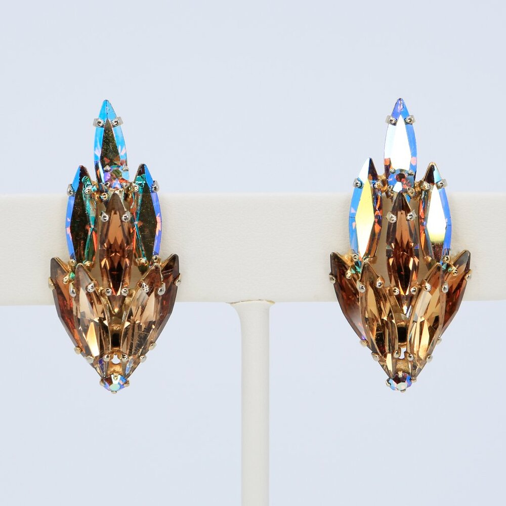 Vintage Sherman Flame Style Topaz & AB Navette Rhinestone Clip On Earrings 1960s